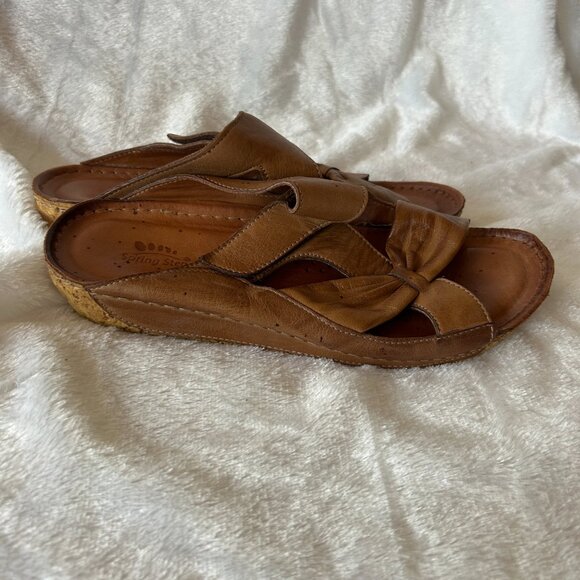Spring Step Leather Sandals Womens Size 39 Brown Low Wedge Slide Slip On - Picture 3 of 6